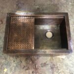 "Rustic Luxury: Handcrafted Aged Copper Farmhouse Sink with Flat Grid