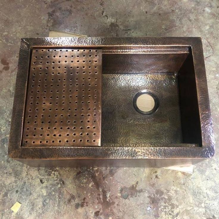 "Rustic Luxury: Handcrafted Aged Copper Farmhouse Sink with Flat Grid