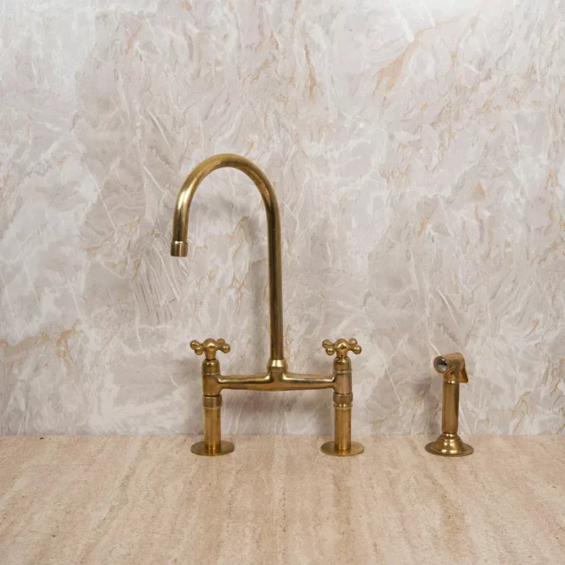 Unlacquered Brass Bridge Kitchen Faucet with Sprayer