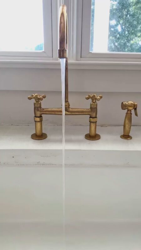 Unlacquered Brass Kitchen Faucet With Cross Handles , Aged Brass Faucet for Kitchen