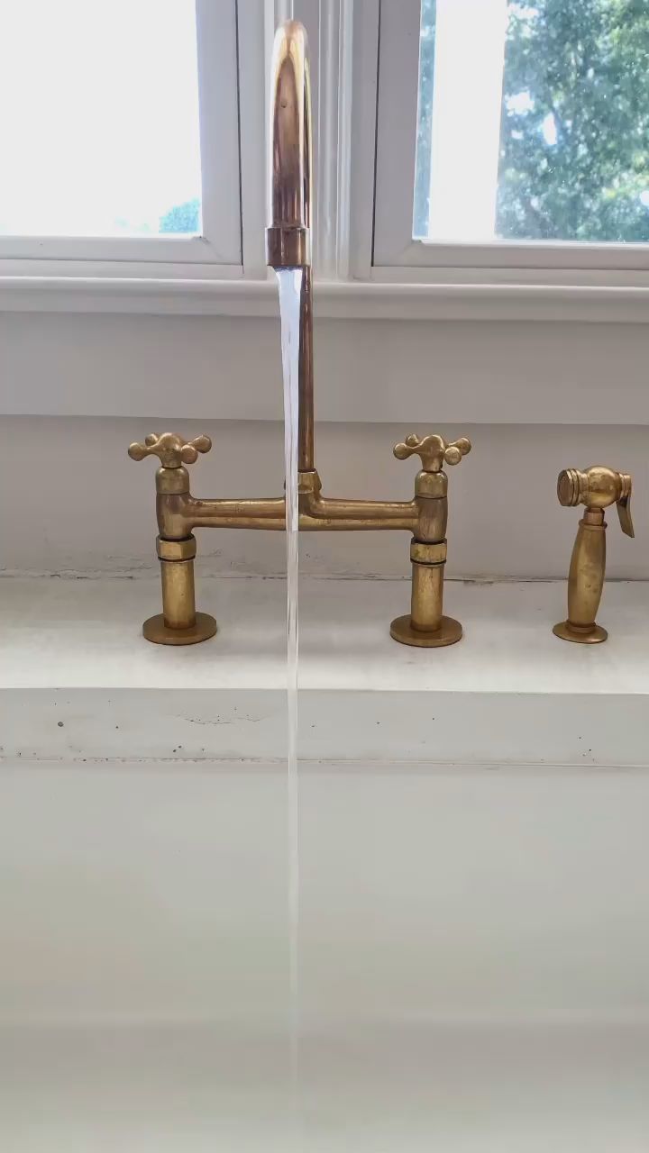 Unlacquered Brass Kitchen Faucet With Cross Handles , Aged Brass Faucet for Kitchen