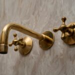 Unlacquered Brass Wall Mounted Bathroom Sink Faucet , Brass Bathroom faucet Sink With Cross Handle