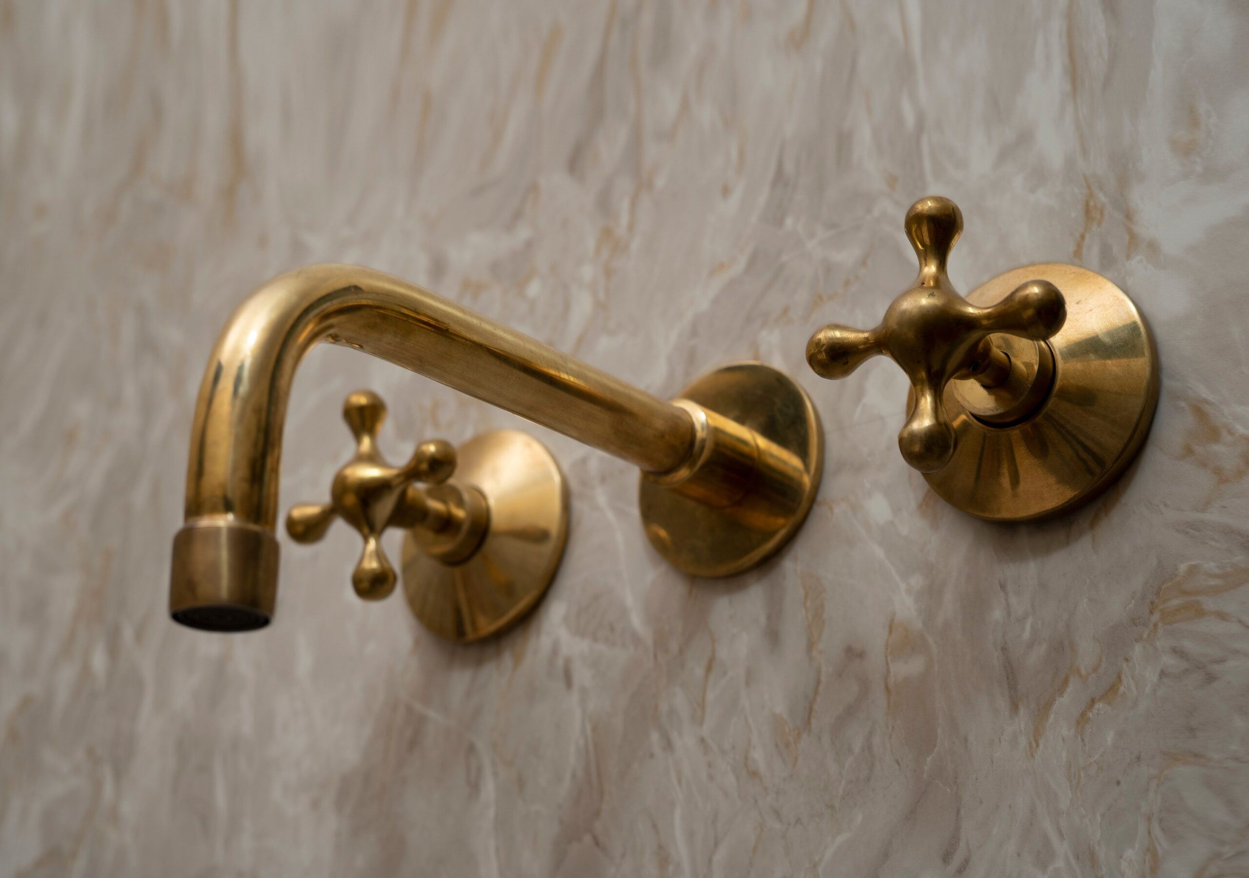 Unlacquered Brass Wall Mounted Bathroom Sink Faucet , Brass Bathroom faucet Sink With Cross Handle