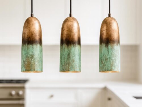 Oxidized Copper Pendant Lights (Set of 3): Green Patina Farmhouse Lighting