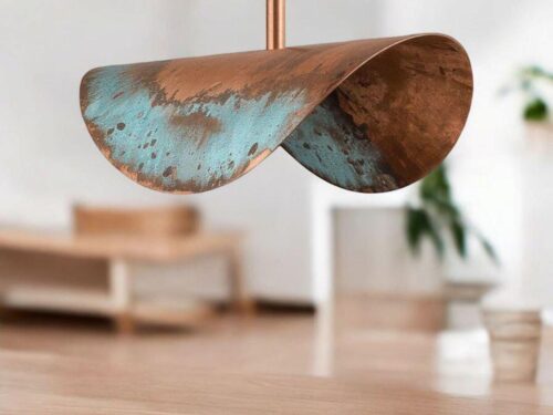Rustic Copper Patina Pendant Light – Wavy Industrial Hanging Lamp – Handmade Ceiling Light