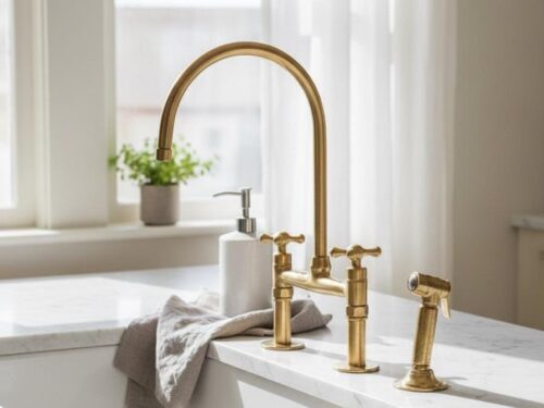 Unlacquered Brass Bridge Kitchen Faucet: Antique Farmhouse Style