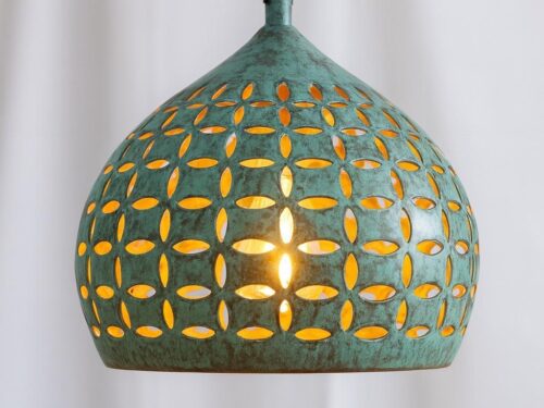 Copper Pendant Light Hand-Carved  – Green Patina Oxidized Brass Dome Lamp, Handmade Rustic Moroccan Kitchen Island & Dining Room Lighting