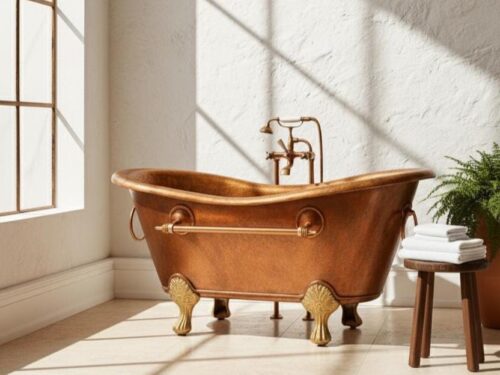 Handmade Copper Clawfoot Bathtub: Rustic Patina Finish, Freestanding Soaking Tub
