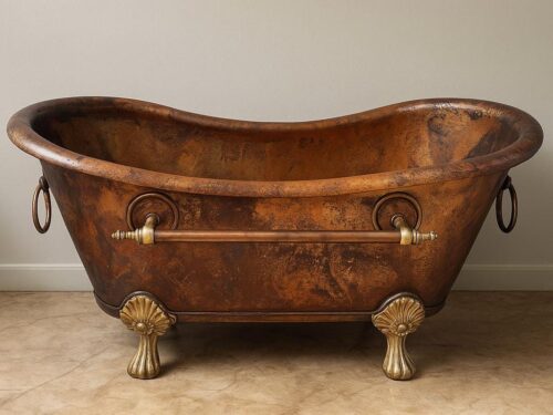 Handmade Copper Clawfoot Bathtub: Rustic Patina Finish, Freestanding Soaking Tub